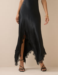 Black Asymmetrical Hem Satin Marta Maxi Dress