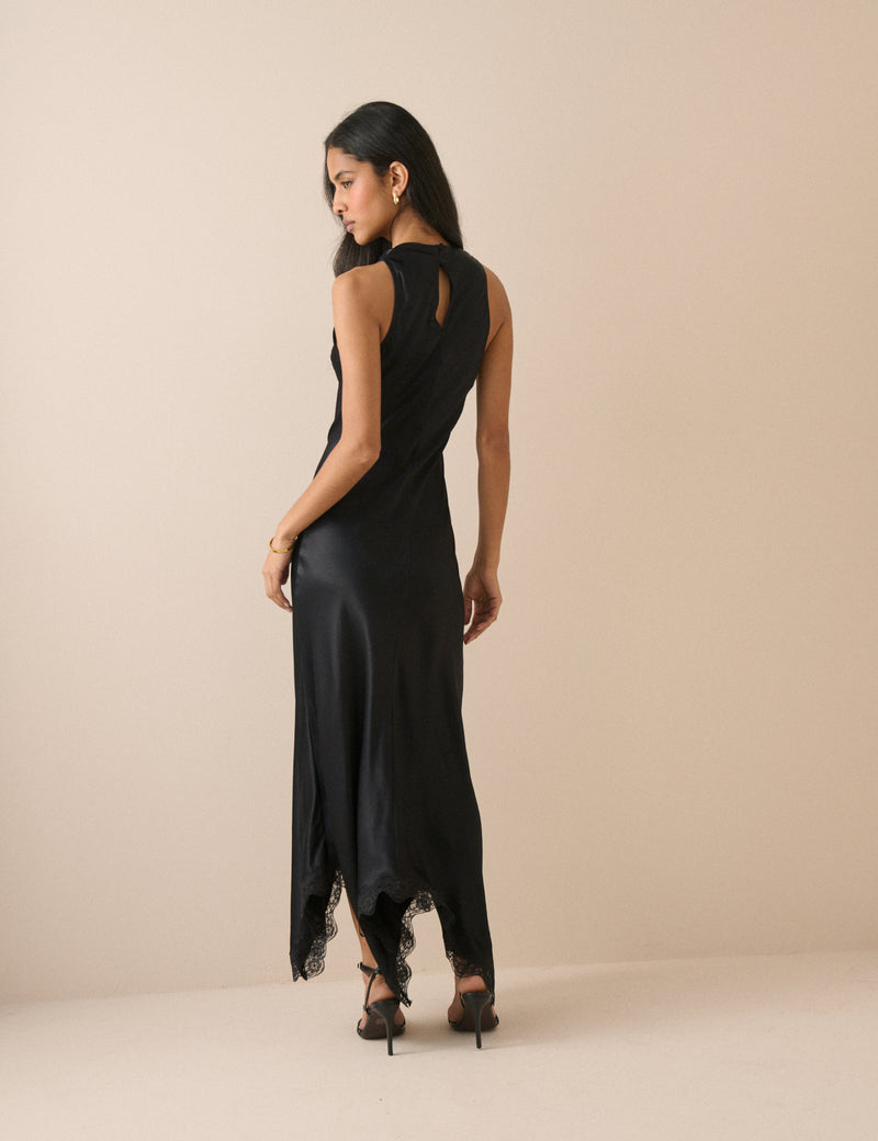 Black Asymmetrical Hem Satin Marta Maxi Dress