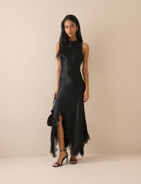 Black Asymmetrical Hem Satin Marta Maxi Dress