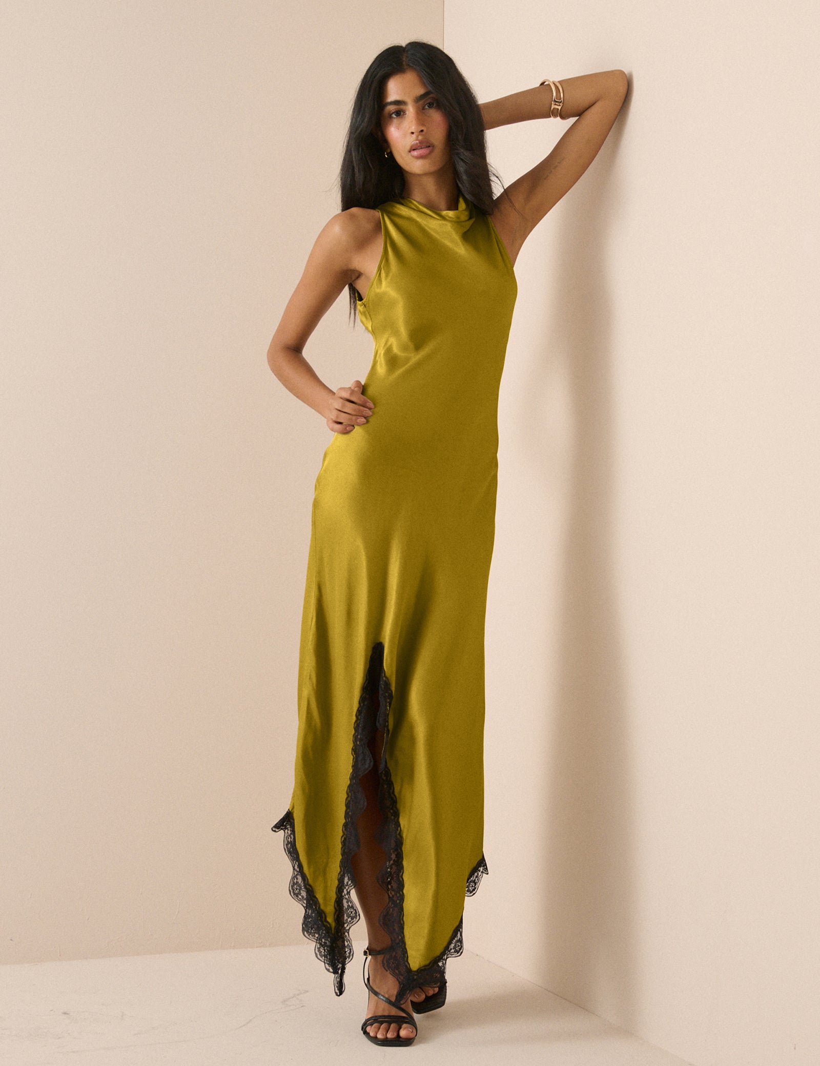 Olive Green Satin Marta Maxi Dress