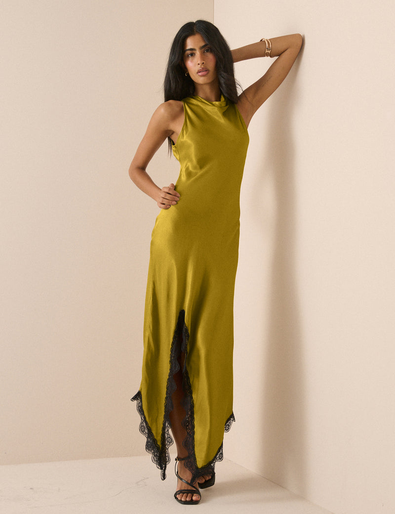 Olive Green Satin Marta Maxi Dress