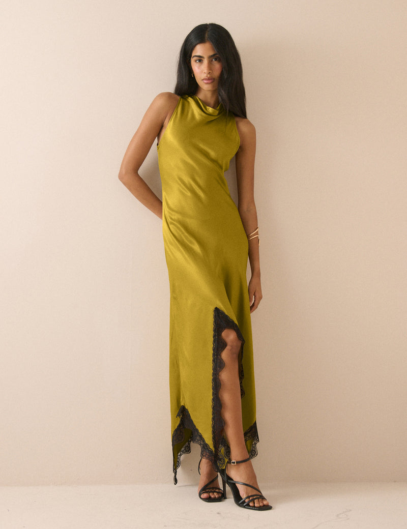 Olive Green Satin Marta Maxi Dress