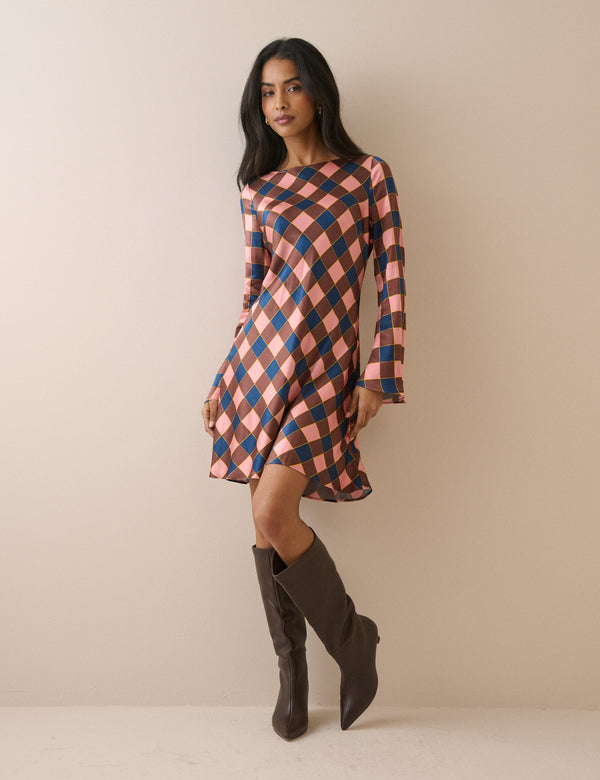 Brown and Pink Check Satin Romy Mini Dress
