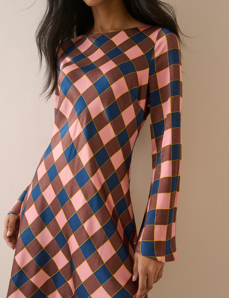 Brown and Pink Check Satin Romy Mini Dress