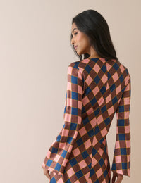 Brown and Pink Check Satin Romy Mini Dress