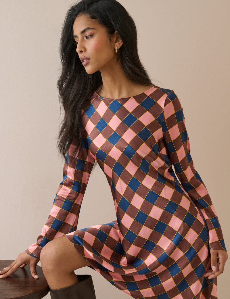 Brown and Pink Check Satin Romy Mini Dress