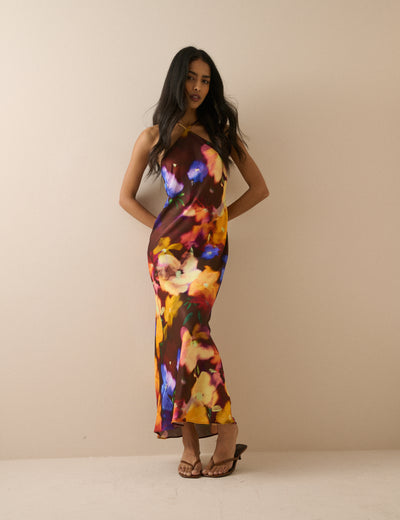 Burgundy Abstract Floral Delphi Midi Dress