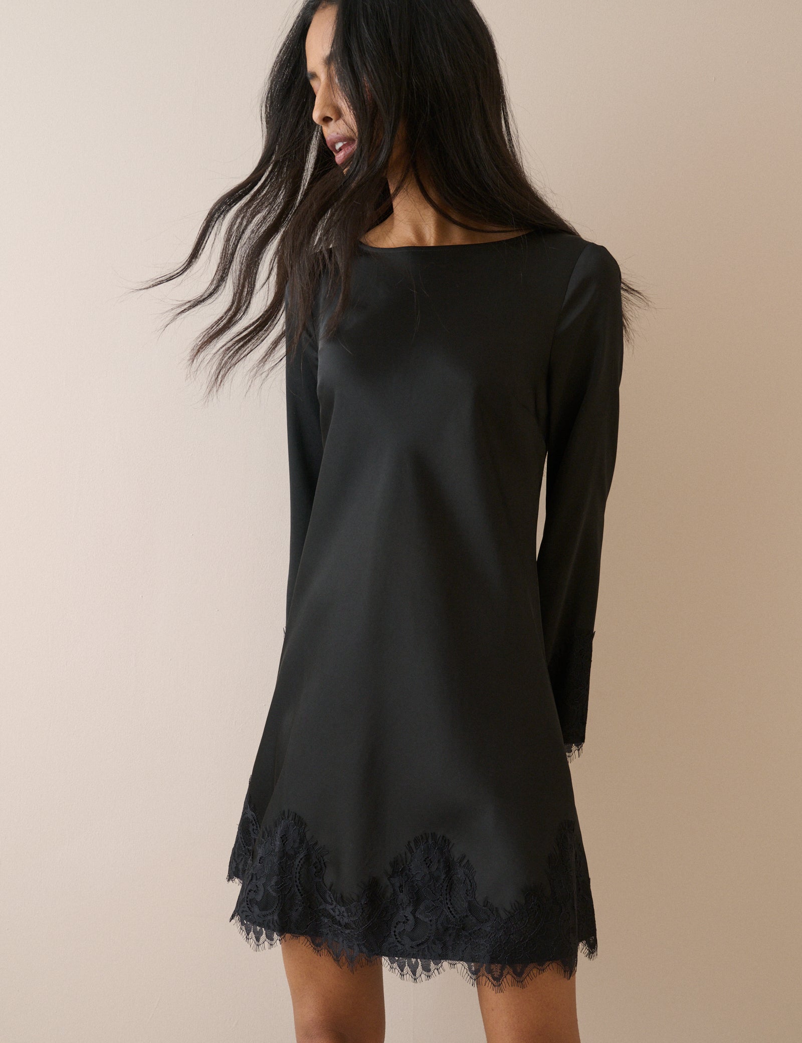 Black Lace Trim Satin Kamari Mini Dress