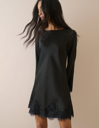 Black Lace Trim Satin Kamari Mini Dress