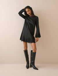 Black Lace Trim Satin Kamari Mini Dress
