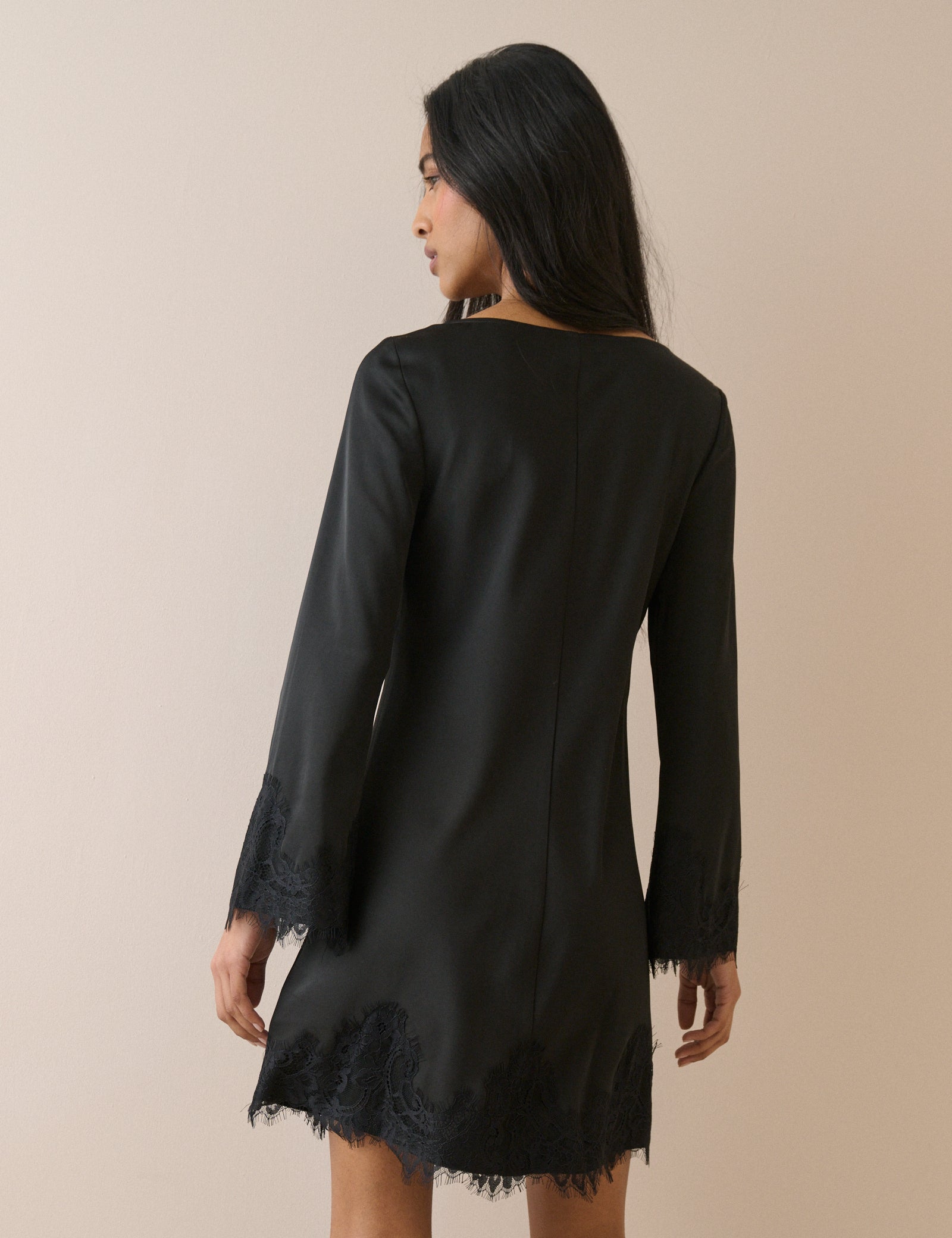 Black Lace Trim Satin Kamari Mini Dress