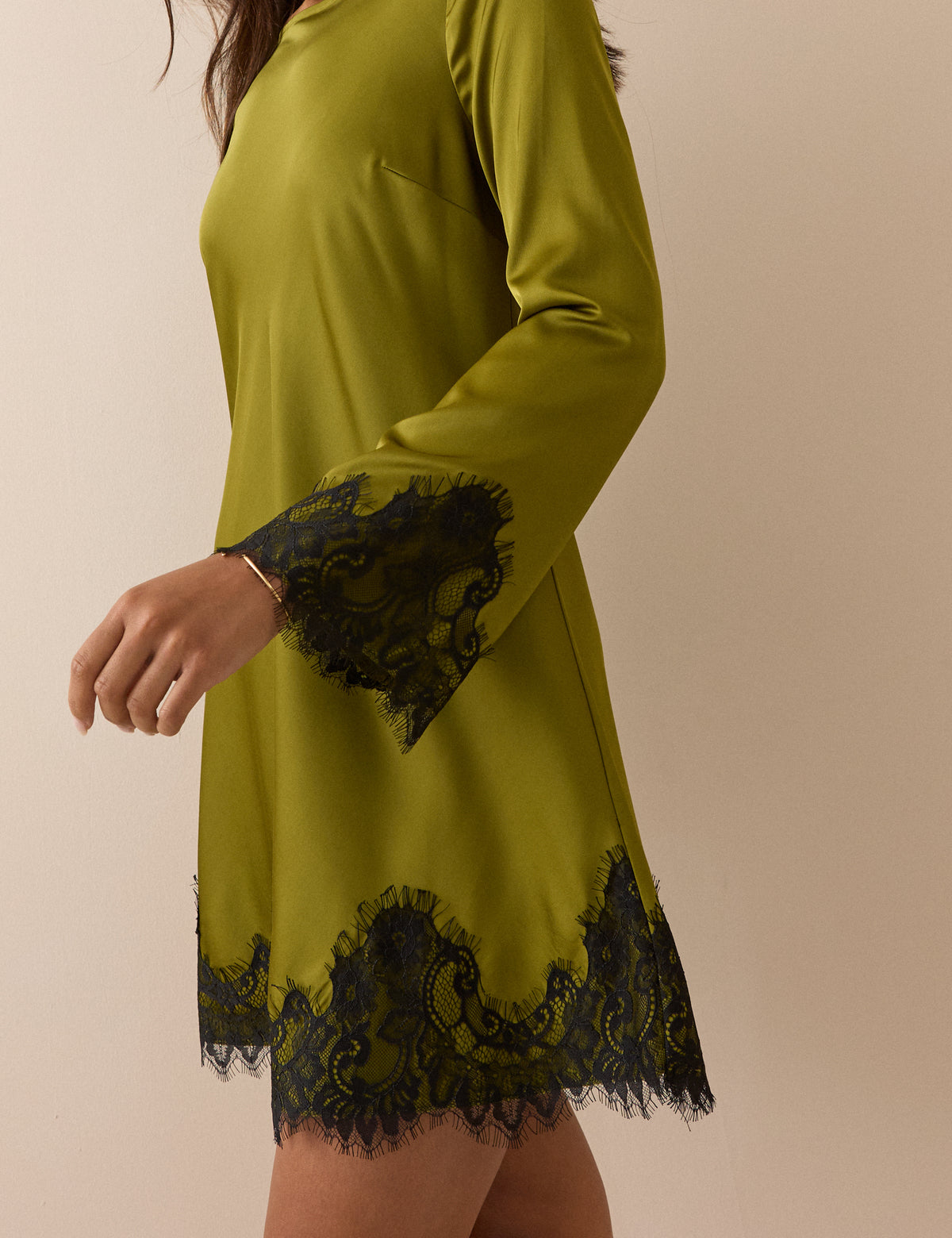Olive Green Lace Trim Satin Kamari Mini Dress