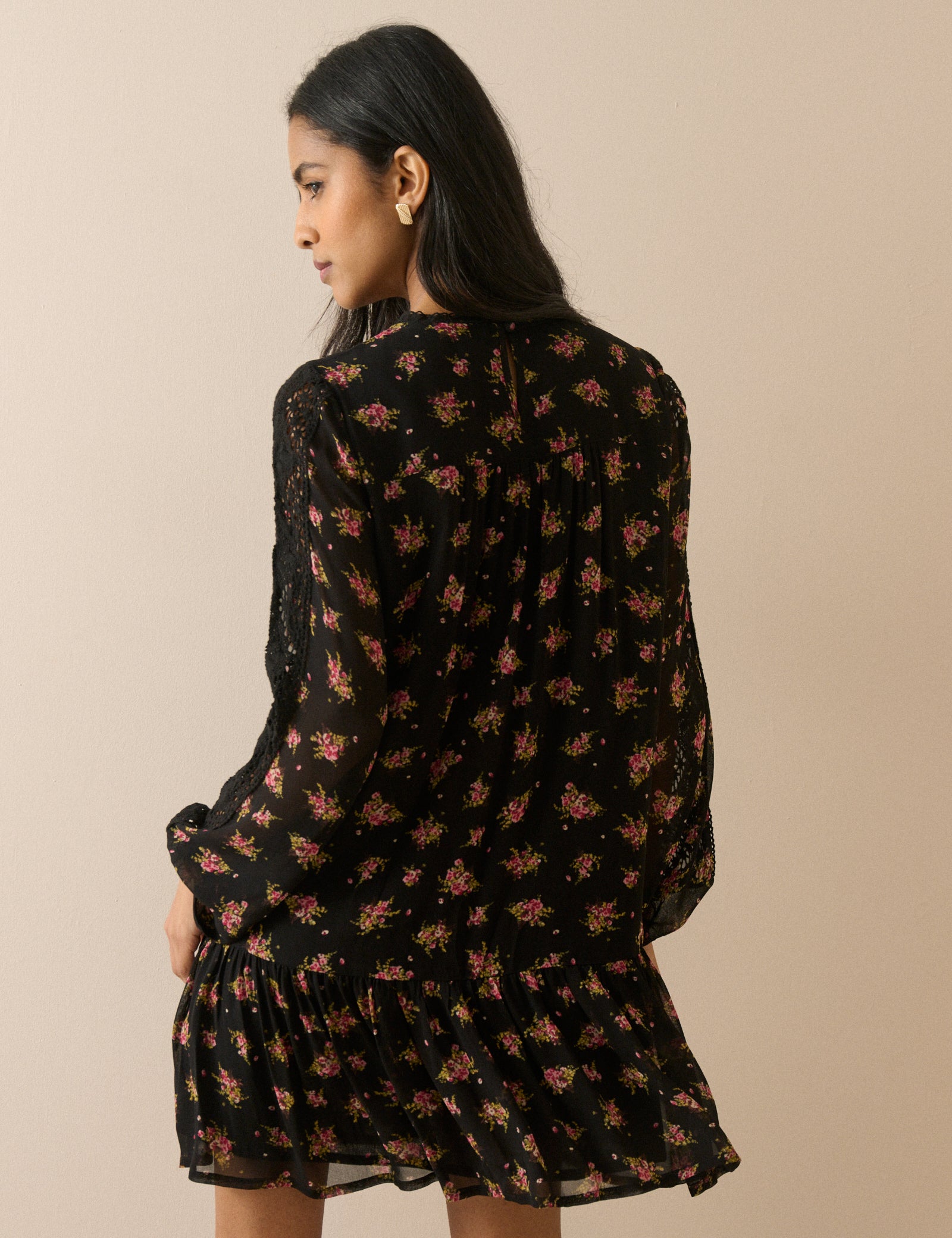 Black Floral High Neck Denise Mini Dress
