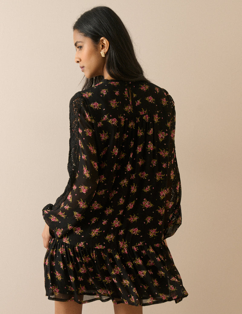 Black Floral High Neck Denise Mini Dress