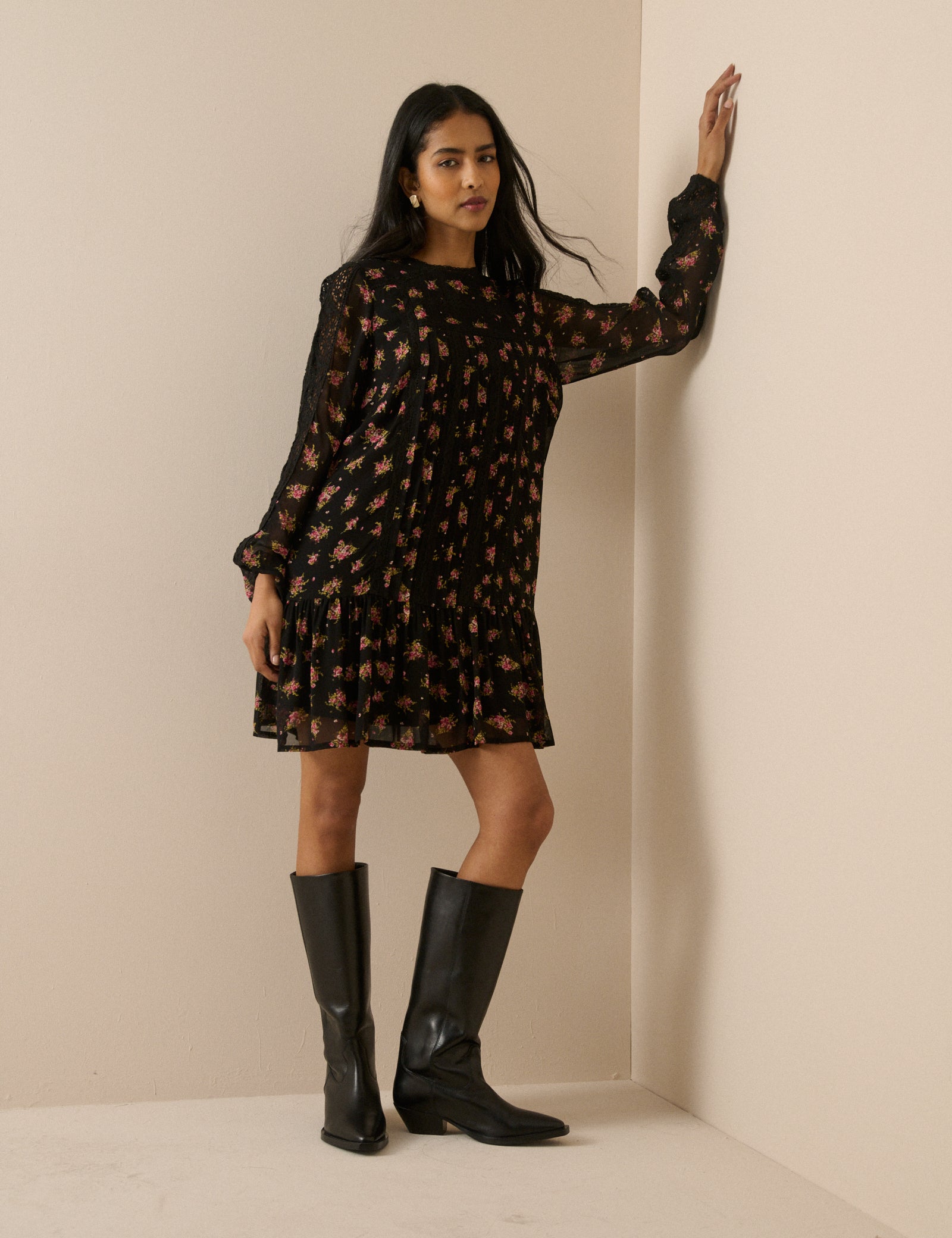 Black Floral High Neck Denise Mini Dress