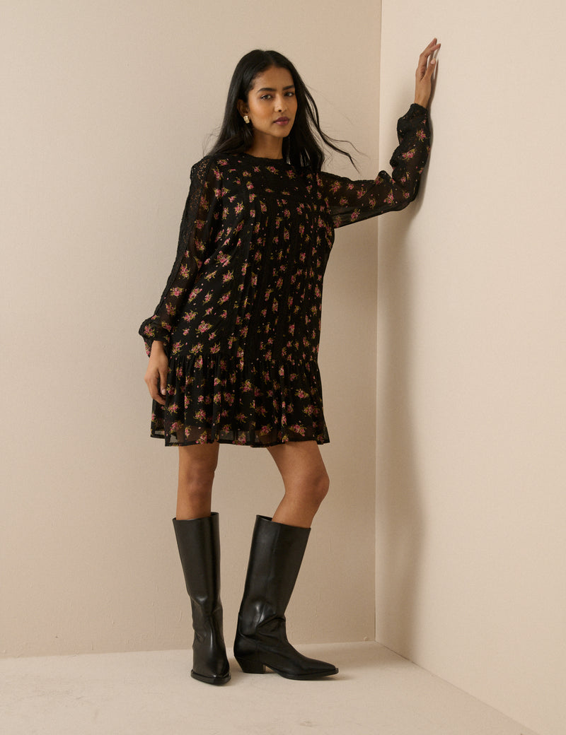 Black Floral High Neck Denise Mini Dress