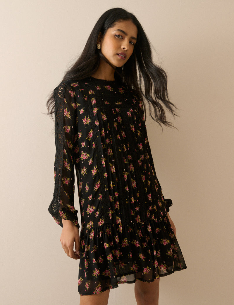 Black Floral High Neck Denise Mini Dress