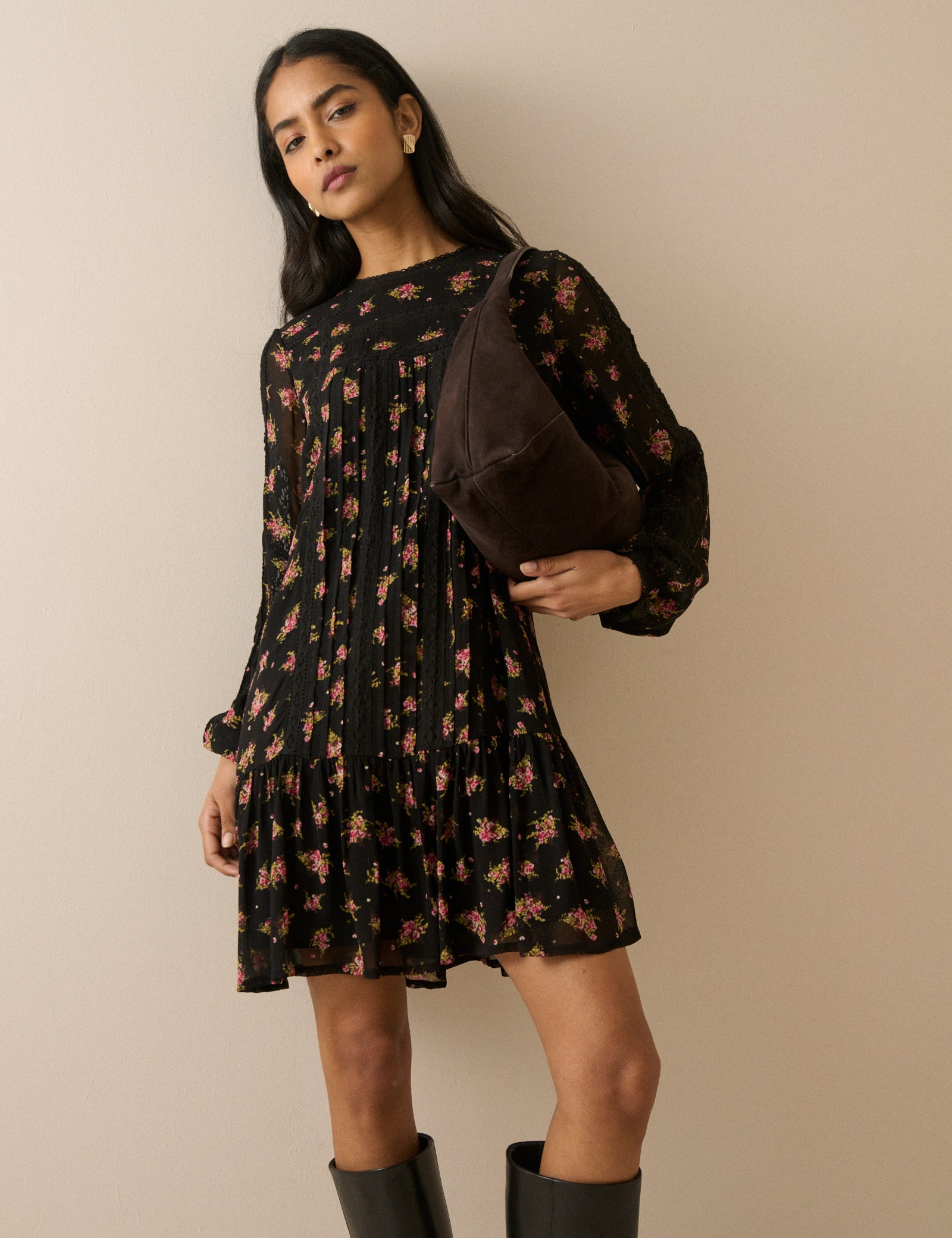 Black Floral High Neck Denise Mini Dress