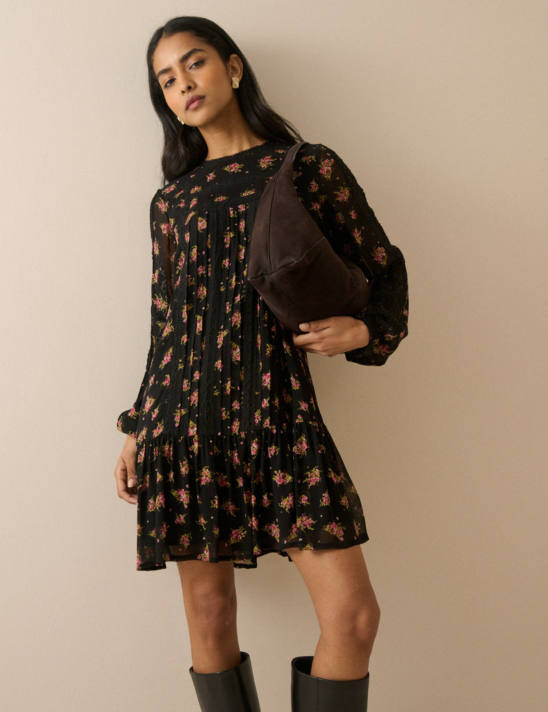 Black Floral High Neck Denise Mini Dress