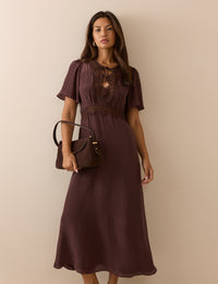 Brown Lace Trim Wynne Midi Dress