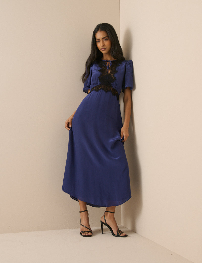 Navy Lace Trim Wynne Midi Dress