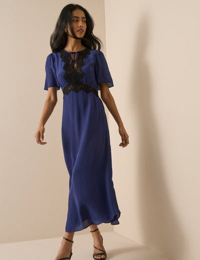 Navy Lace Trim Wynne Midi Dress