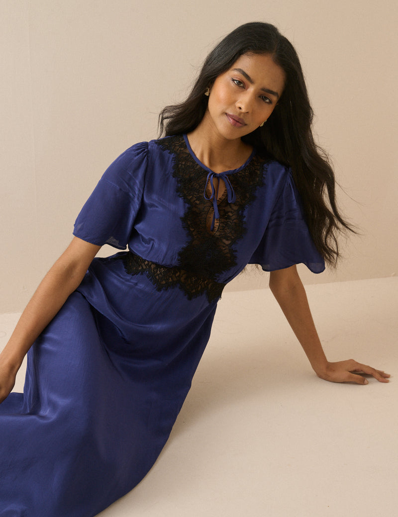 Navy Lace Trim Wynne Midi Dress