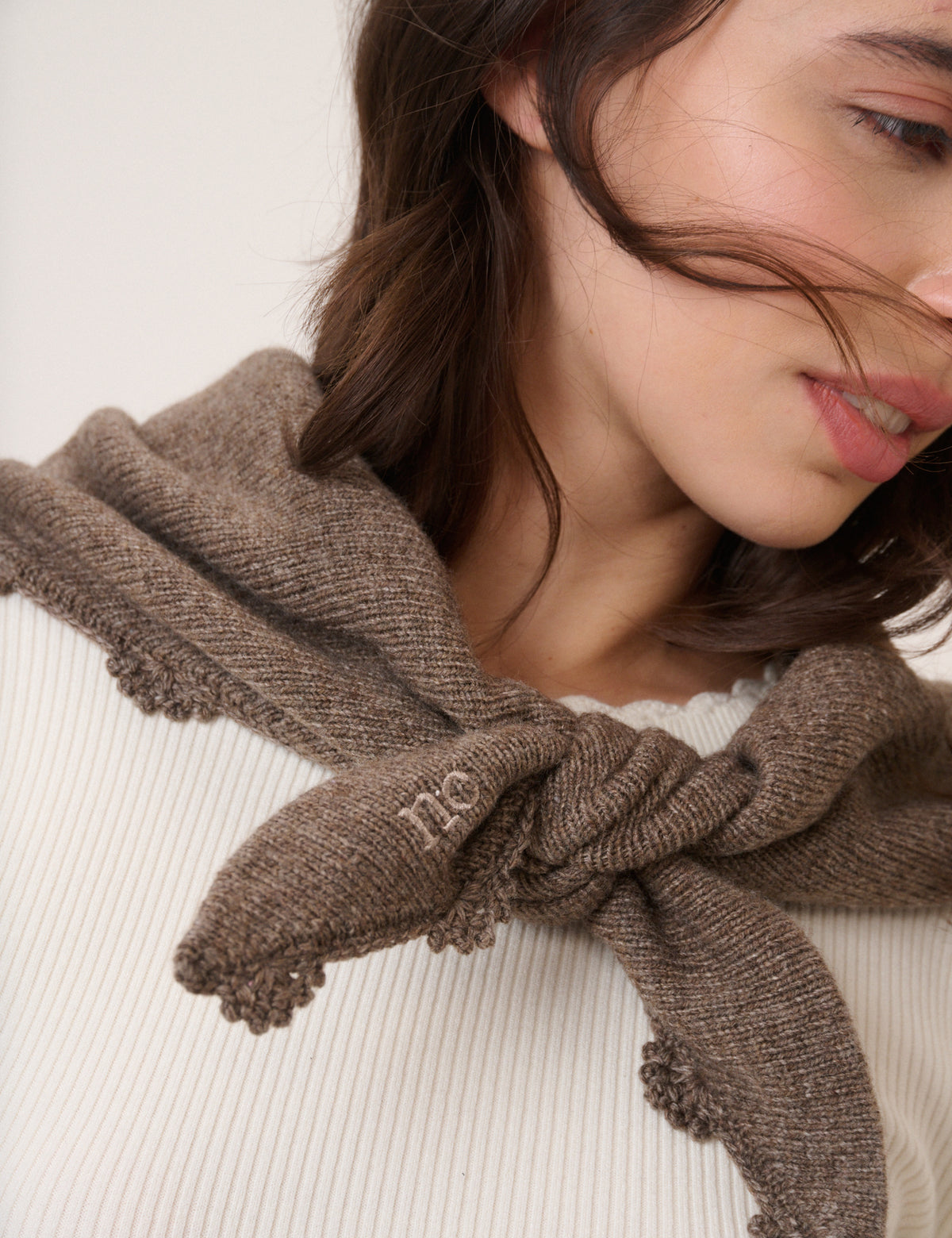 Brown Crochet Trim Triangle Scarf
