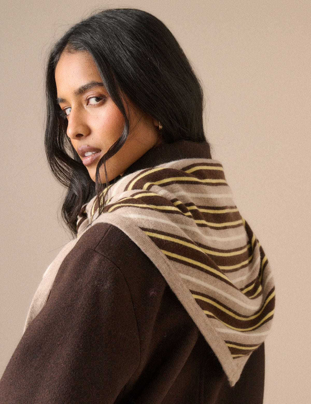 Brown and Yellow Striped Wool-Blend Large Triangle Scarf