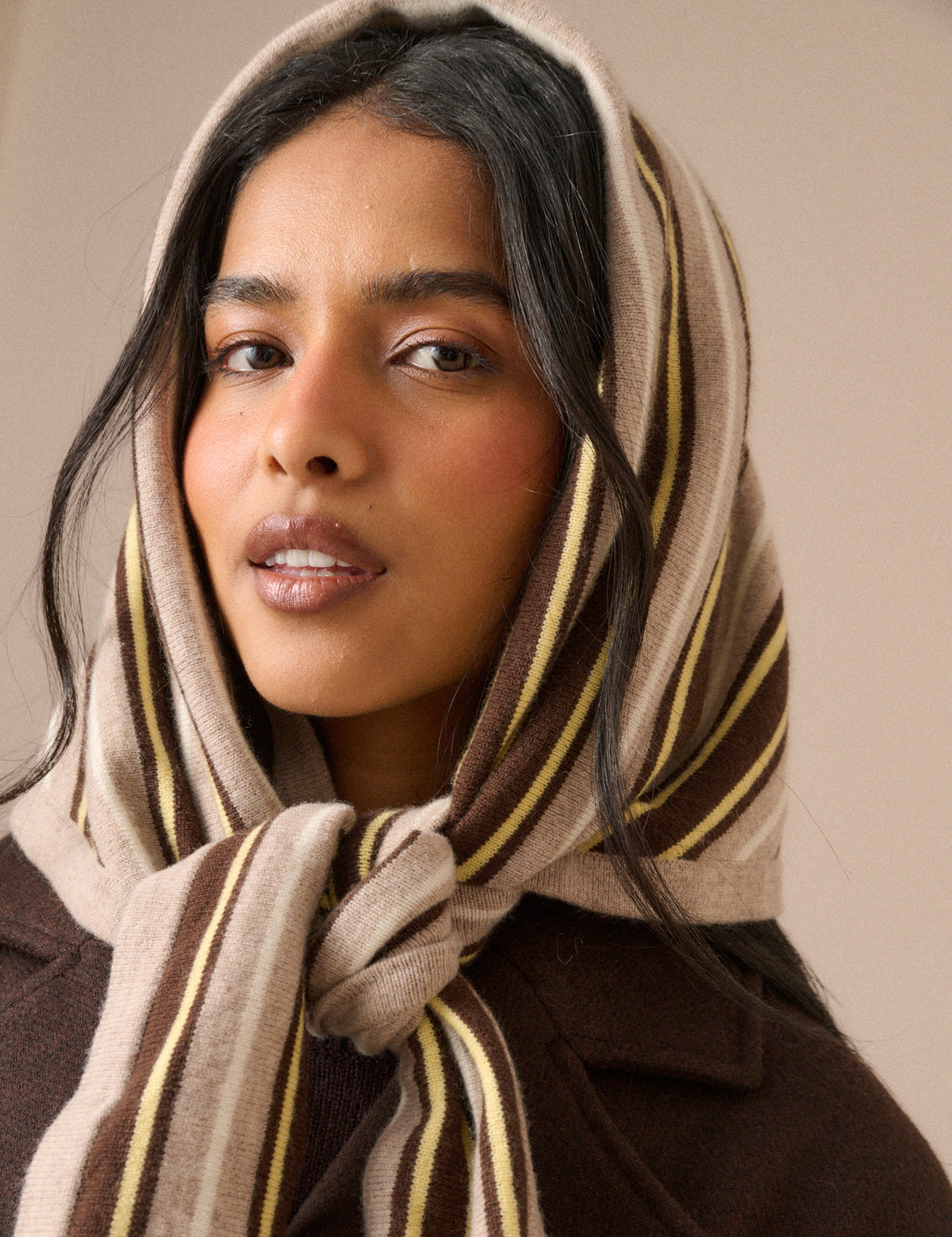 Brown and Yellow Striped Wool-Blend Large Triangle Scarf