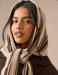 Brown and Yellow Striped Wool-Blend Large Triangle Scarf