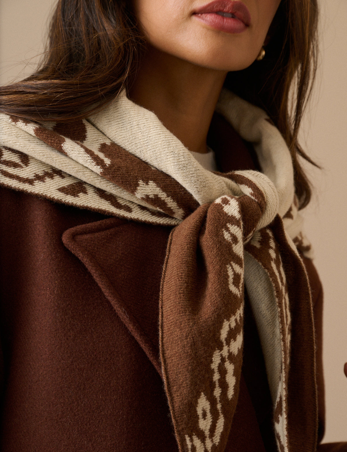 Brown Print Wool-Blend Triangle Scarf