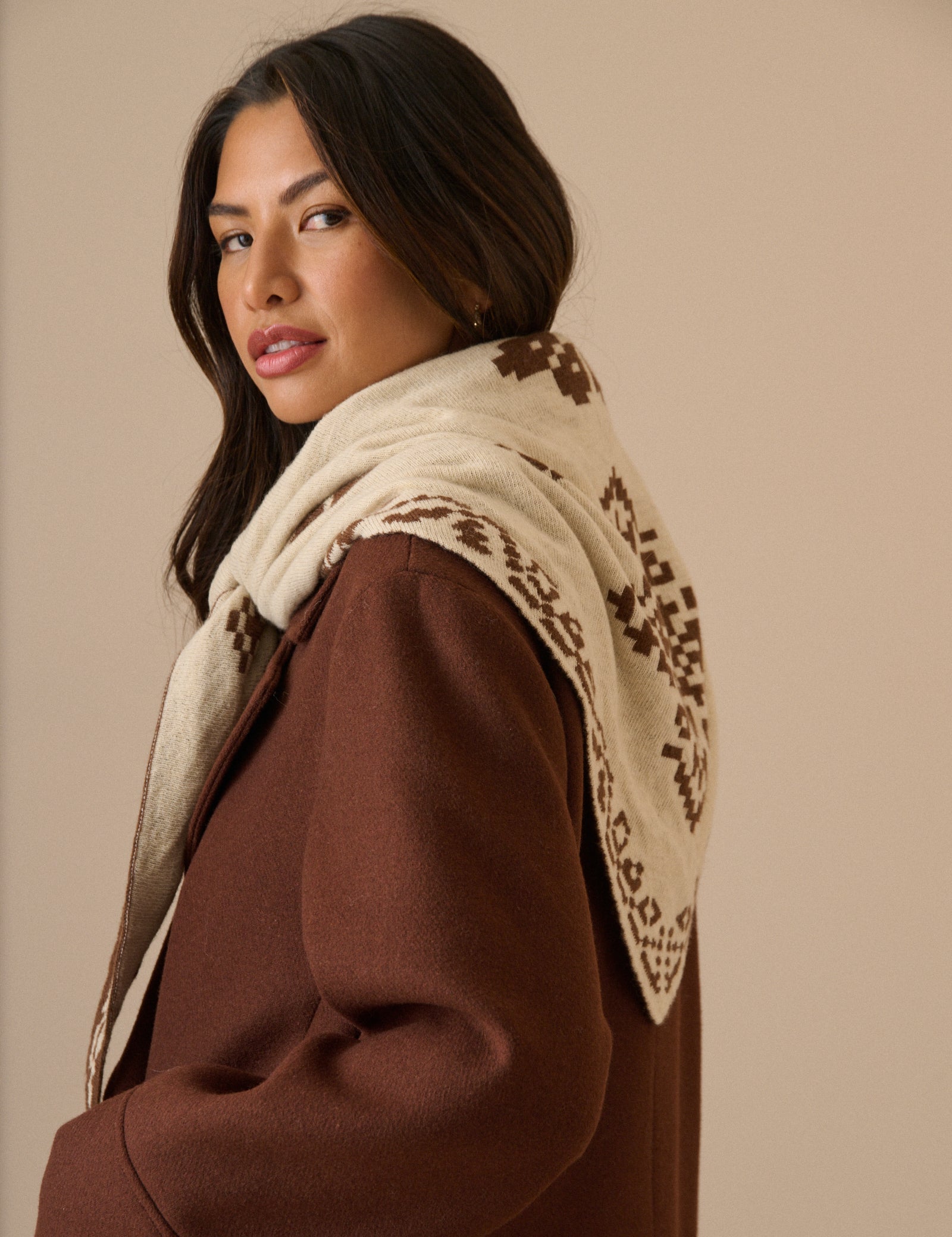 Brown Print Wool-Blend Triangle Scarf