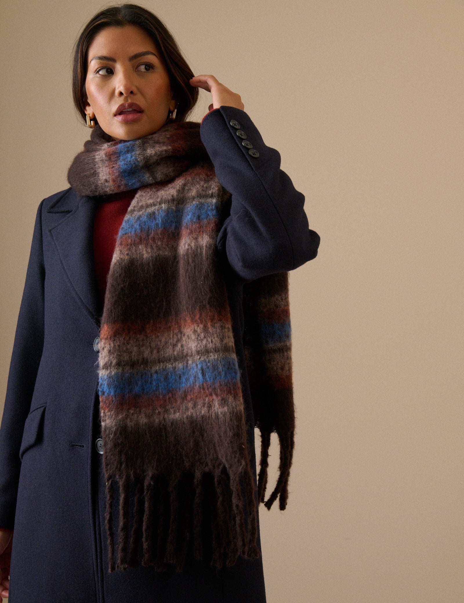 Brown and Blue Striped Blanket Scarf