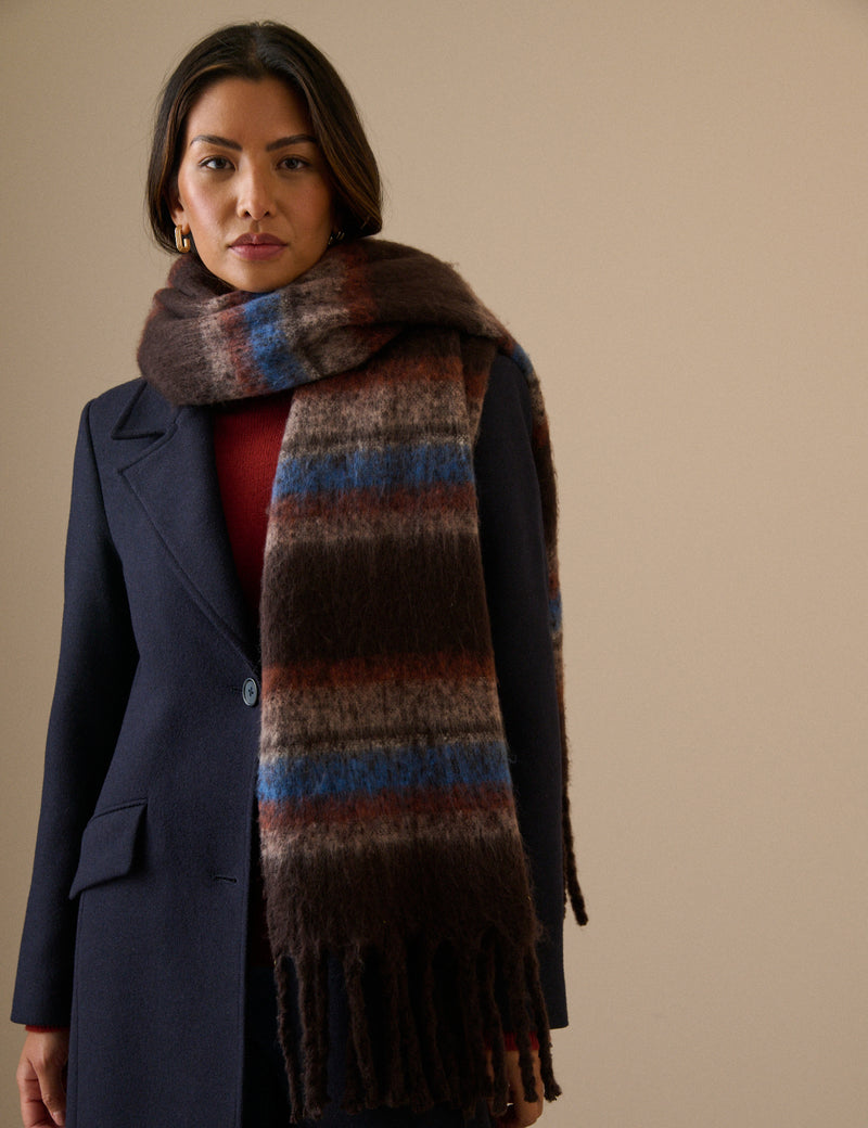 Brown and Blue Striped Blanket Scarf