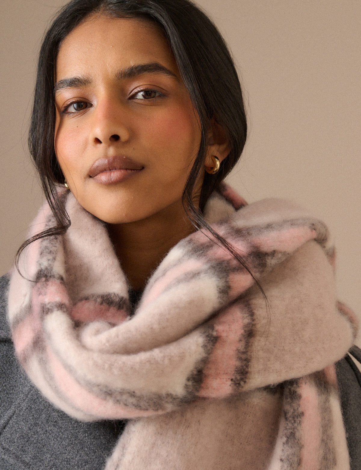 Cream and Pink Check Blanket Scarf