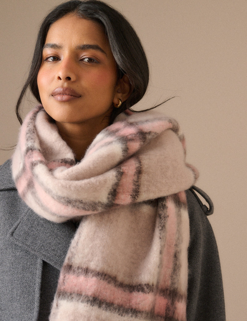 Cream and Pink Check Blanket Scarf