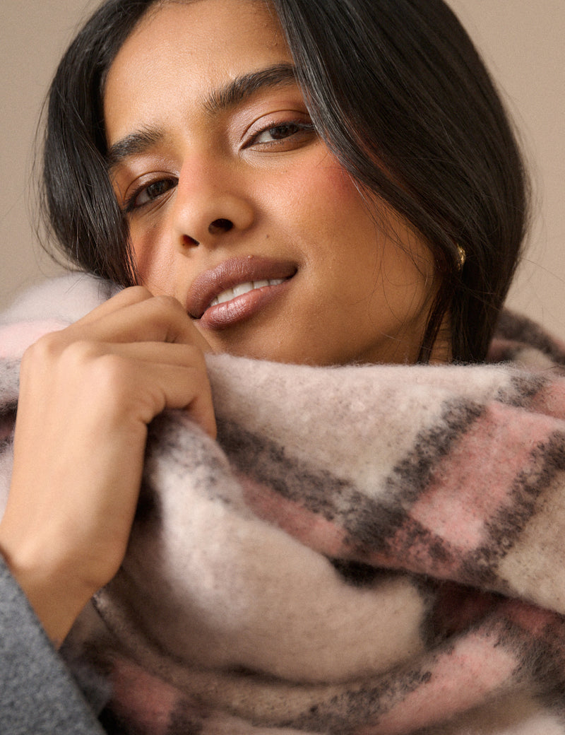 Cream and Pink Check Blanket Scarf