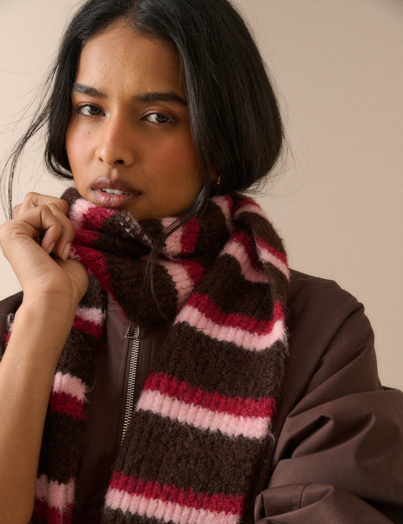 Brown and Pink Striped Skinny Scarf