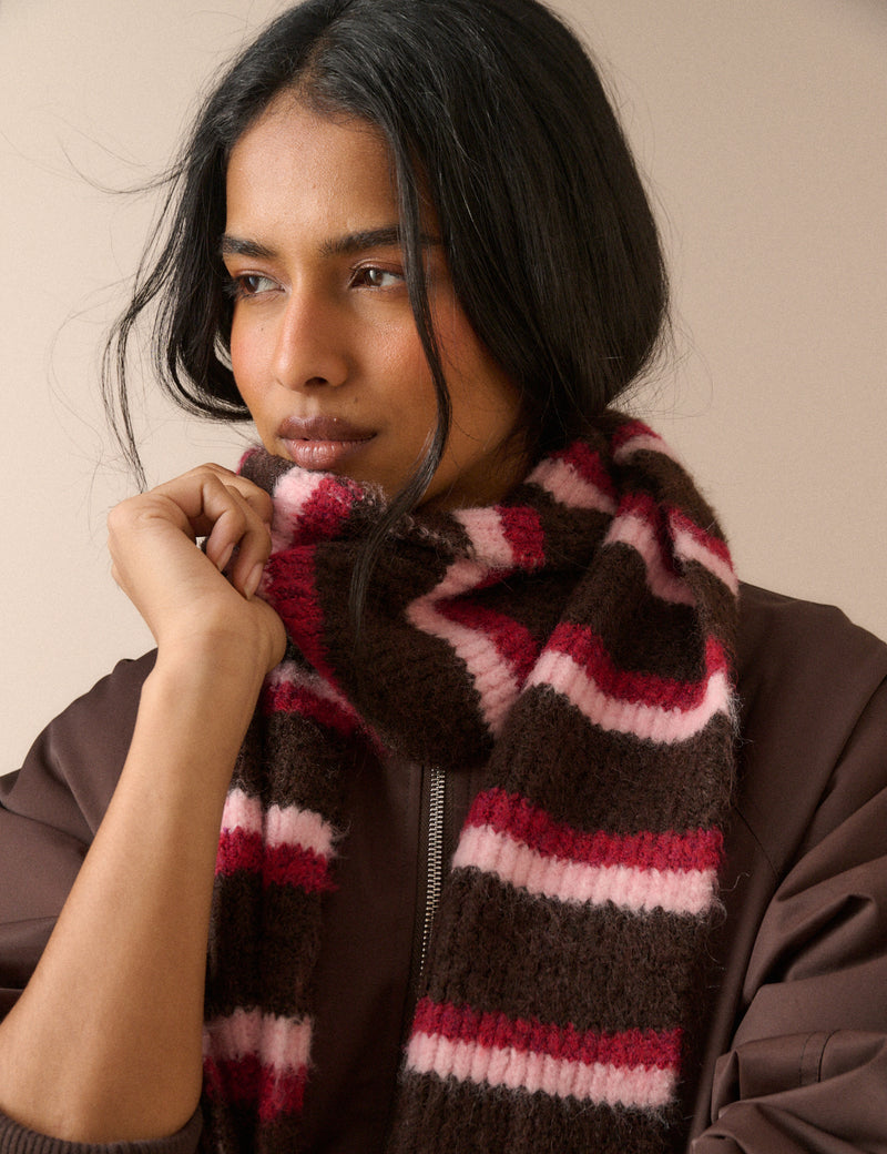 Brown and Pink Striped Skinny Scarf