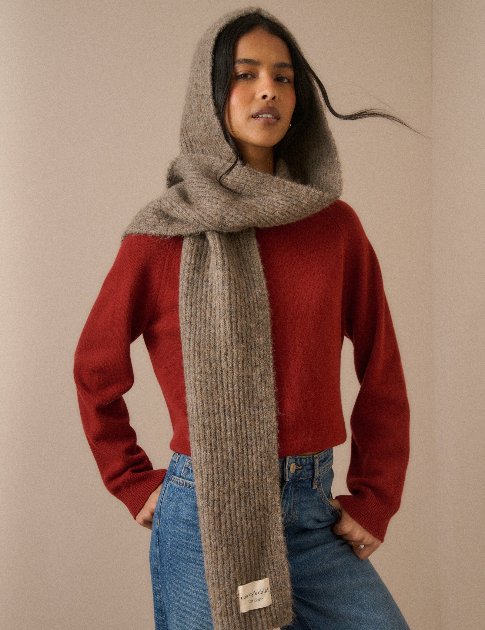 Taupe Ribbed Hooded Scarf