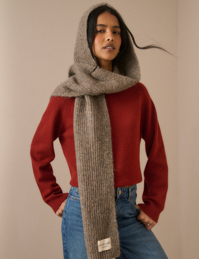 Taupe Ribbed Hooded Scarf
