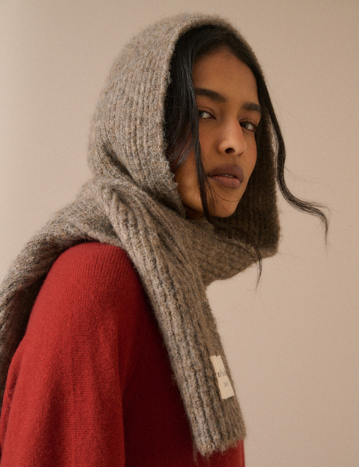 Taupe Ribbed Hooded Scarf
