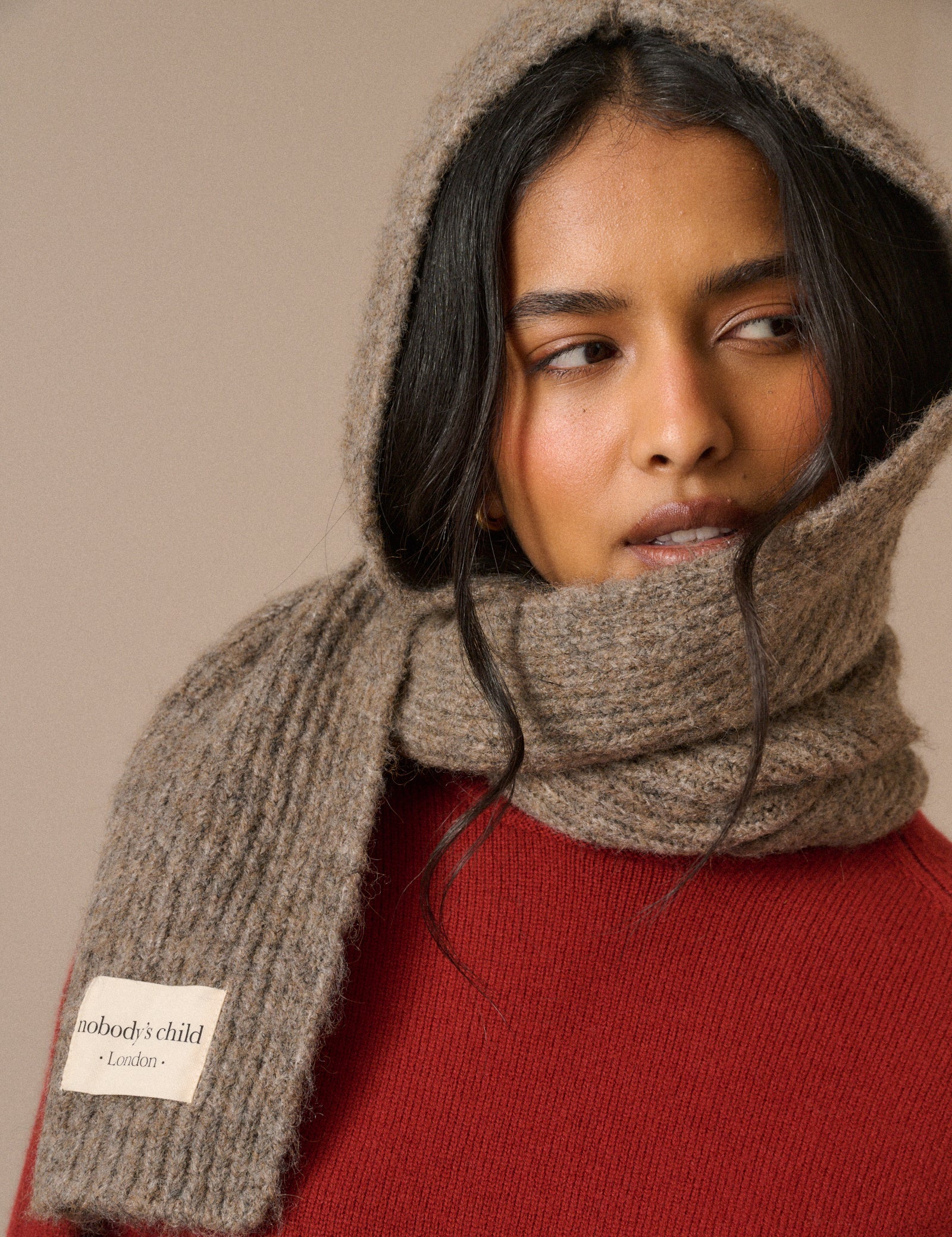 Taupe Ribbed Hooded Scarf
