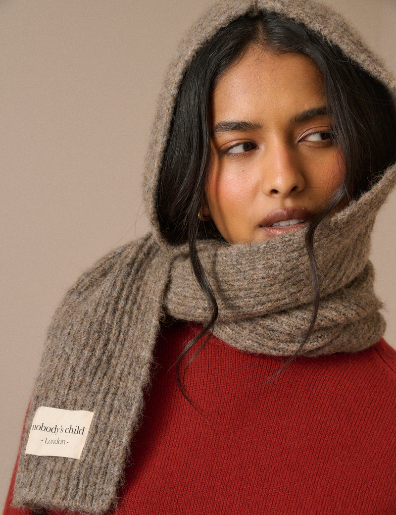 Taupe Ribbed Hooded Scarf