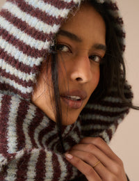 Brown and Blue Ribbed Hooded Scarf
