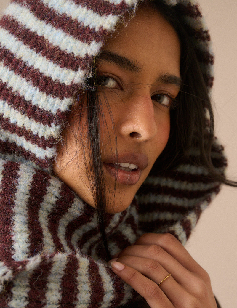 Brown and Blue Ribbed Hooded Scarf