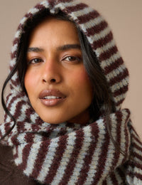 Brown and Blue Ribbed Hooded Scarf