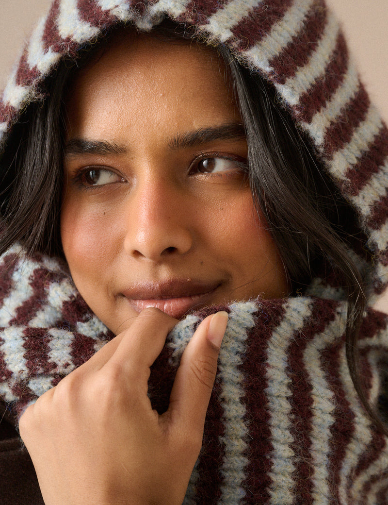 Brown and Blue Ribbed Hooded Scarf