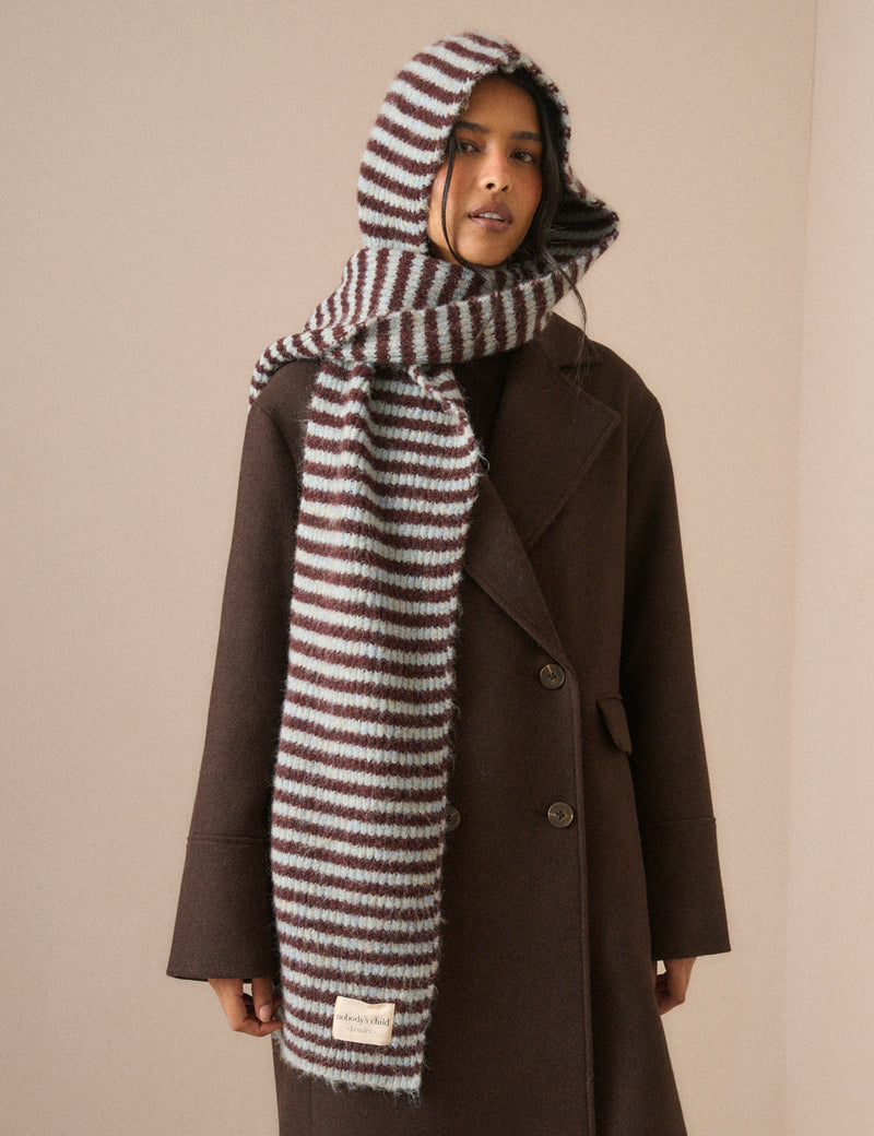Brown and Blue Ribbed Hooded Scarf